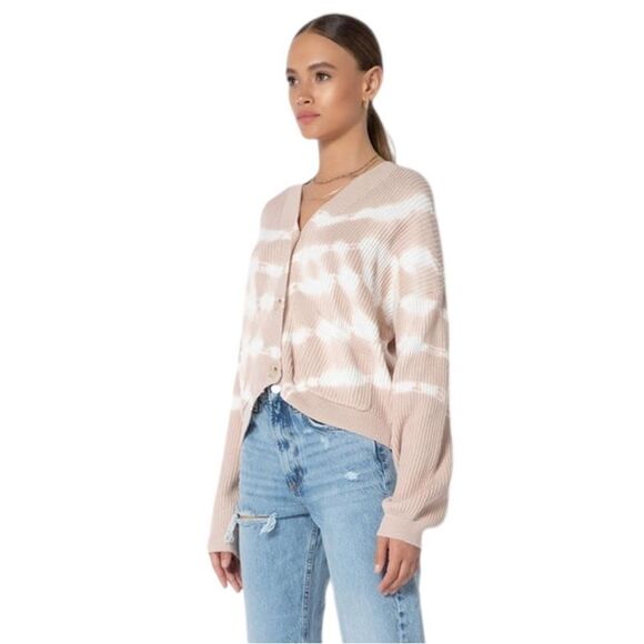 NWT Sandy Soft Rib Knit Tie Dye Stripe V Neck Long Sleeve Drop Shoulder Cardigan - Picture 4 of 6